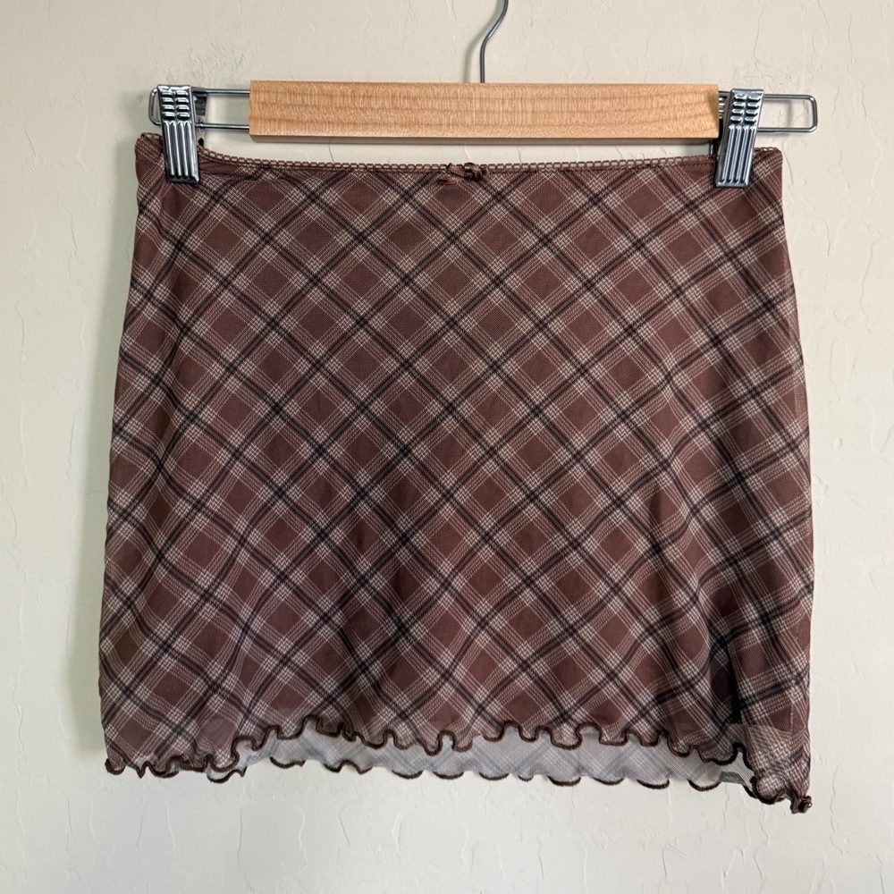 H&M Divided Plaid Mini Skirt Stretch Brown Coffee Ruffle Feminine XS
